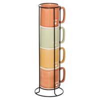 Koffiemokken Earth - 4x stuks in metalen rekje - Keramiek - glans afwerking - 340 ml - 7 x 9 cm