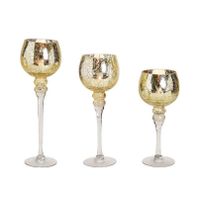 Luxe glazen design kaarsenhouders/windlichten set 3x stuks goud transparant 30-35-40 cm - thumbnail