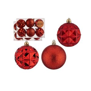 Gedecoreerde kerstballen - 18x stuks - rood - kunststof - 7 cm