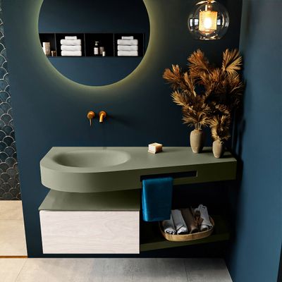MONDIAZ RIVA 120cm badmeubel onderkast / planchet kleur Underlayment met 1 lade. Wastafel DULCET links 0 kraangaten kleur Army.