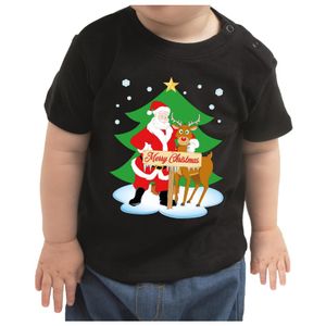 Kerstshirt Santa / Rudolf het rendier zwart peuter jongen/meisje