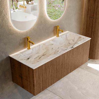Badmeubel Mondiaz Kurve-Dlux | 120 cm | Meubelkleur Walnut | Wastafelkleur Glace | Solid surface | Dubbele spoelbak | 2 kraangaten
