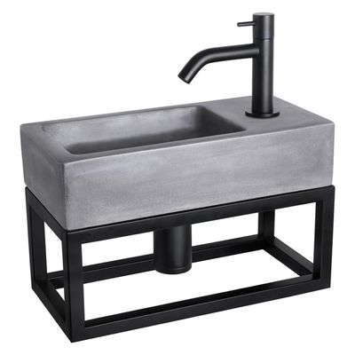 Differnz Ravo fonteinset - 38.5x18.5x25cm - Rechthoek - 1 kraangat - Gebogen matte zwarte kraan - met zwart frame - beton donkergrijs 38.402.04