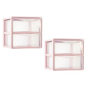 Ladeblokje/bureau organizer - 2x - 2 lades - transparant/roze - L26 x B36 x H25 cm - plastic