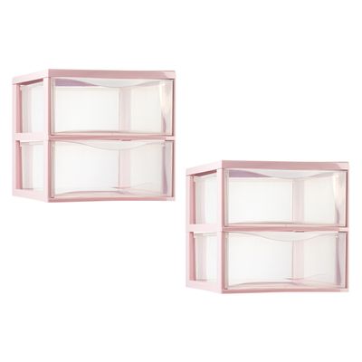 Ladeblokje/bureau organizer - 2x - 2 lades - transparant/roze - L26 x B36 x H25 cm - plastic