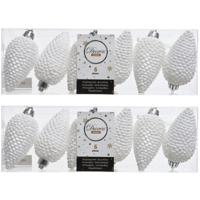 Kersthangers dennenappels - 12x st - wit - glitter - 8 cm - kunststof - kerstversiering