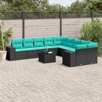 11-delige tuinbankset met kussens, zwart polyrotan