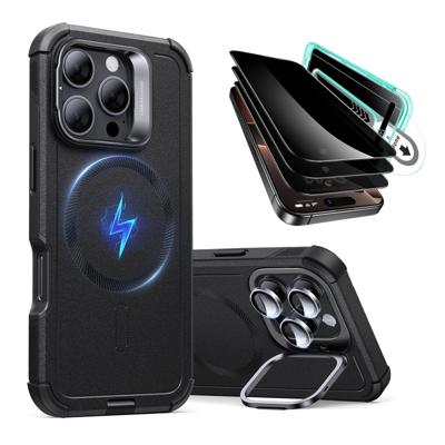 iPhone 16 Pro Cyber Tough Case with Stash Stand Privacy Protection Bundle - Black