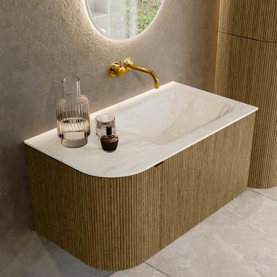 Badmeubel Mondiaz Kurve-Dlux | 85 cm cm | Meubelkleur Dusk | Wastafelkleur Ostra | Solid surface | Wasbak rechter zijde spoelbak | Zonder kraangat(en)
