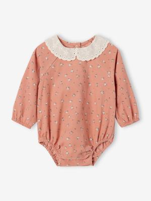 Fluwelen babyromper met bloemenprint en kraag in Engels borduurwerk rozen