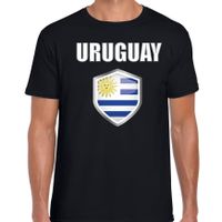 Uruguay landen supporter t-shirt met Uruguayaanse vlag schild zwart heren - thumbnail