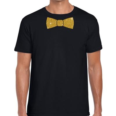 Feestkleding t-shirt - met gouden strikje - zwart - voor heren - vlinderdas - glitter and glamour