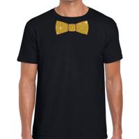 Feestkleding t-shirt - met gouden strikje - zwart - voor heren - vlinderdas - glitter and glamour