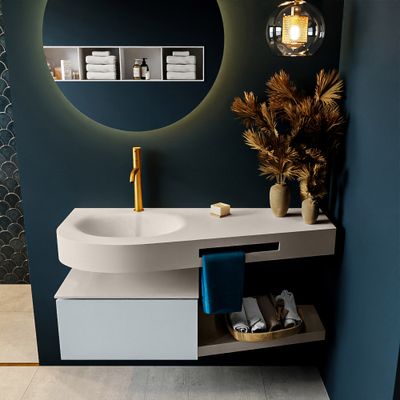 MONDIAZ RIVA 120cm badmeubel onderkast / planchet kleur Clay met 1 lade. Wastafel DULCET links 1 kraangat kleur Linen. MONDIAZ RIVA 120cm badmeubel onderkast / planchet kleur Clay met 1 lade. Wastafel DULCET links 1 kraangat kleur Linen.