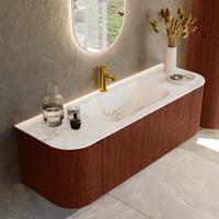 Badmeubel Mondiaz Kurve-Dlux | 140 cm cm | Meubelkleur Ruby | Wastafelkleur Frappe | Solid surface | Wasbak midden spoelbak | 1 kraangat