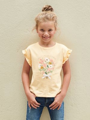 Meisjes-T-shirt met iriserend motief en korte mouwen met ruches lichtgeel