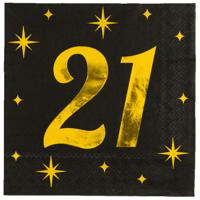 Verjaardag feest servetten - leeftijd 21 jaar - 16x stuks - zwart/goud - sterren - 33 x 33 cm