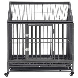 The Living Store Hondenkooi - Zwarte hondenbench met dak - 92x62x106 cm - Inclusief wielen en verwijderbare bladen