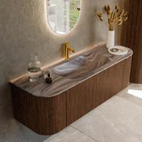 Badmeubel Mondiaz Kurve-Dlux | 140 cm | Meubelkleur Walnut | Wastafelkleur Sombra | Solid surface | Wasbak midden spoelbak | 1 kraangat