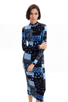 Geribde midi-jurk met bloemen - BLUE - M