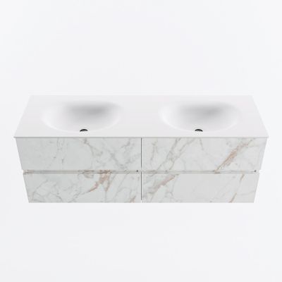 MONDIAZ VICA 140cm badmeubel onderkast Carrara 4 lades. Wastafel MOON dubbel zonder kraangat, kleur Talc.
