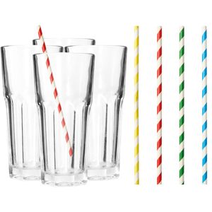 Set van 4x longdrink glazen en 100x duurzame papieren rietjes - 280 ml