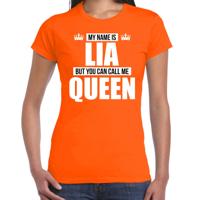 Naam cadeau t-shirt - my name is Lia - but you can call me Queen - oranje - dames - koningsdag