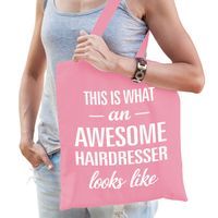 Bellatio Decorations cadeau tas voor kapper - roze - katoen - 42 x 38 cm - awesome hairdresser   - - thumbnail