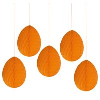 Pasen thema versiering - 5x - papier - hangend paasei van 20 cm aan koord - oranje