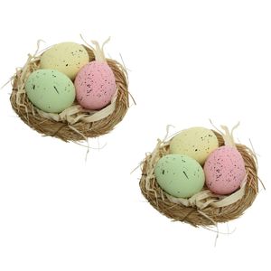 4x stuks decoratie vogelnestje met 3 gekleurde eieren 9 x 5 cm