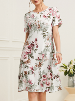 Cotton-Blend Elegant Floral Loose Dress - thumbnail