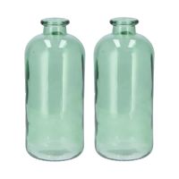 Bloemenvaas fles model - 2x - helder gekleurd glas - zeegroen - D11 x H25 cm