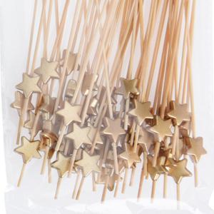 Hapjes Cocktailprikkers met sterretje - goud - 100x stuks - bamboe - hapjes prikkers - 12 cm