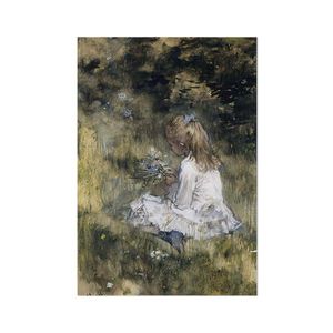 Schilderij op Paneel Het Meisje met Bloemen in het Gras White PVC 40x60 Tesa Powerstrips