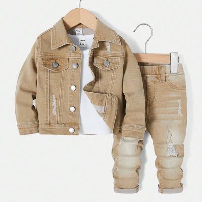 Bon&Bon Boys 2-Piece Ripped Denim Jacket and Stretch Jeans Set - Blue Khaki / 12-18M