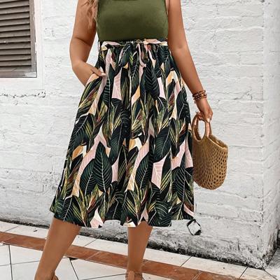 Plus Size Tropical Print Boho Midi Dress - Belted Square Neck Army Green / 0XL