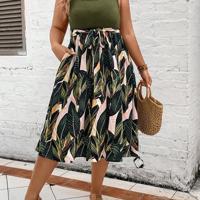Plus Size Tropical Print Boho Midi Dress - Belted Square Neck Army Green / 0XL