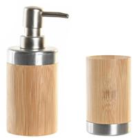 Items badkamer accessoires set - drinkbeker - zeeppompje 17 cm - bamboe / zilver / naturel
