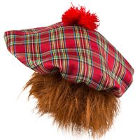 Boland Carnaval verkleed hoed/baret in Schotse ruit - rood - polyester - heren - met rood/bruin haar   - - thumbnail