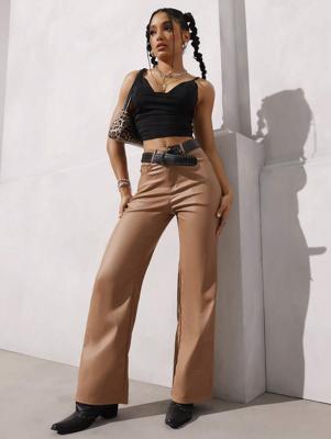 Bon&Bon Women's Brown PU Leather Straight Leg Pants | High Stretch Casual Brown / XXS