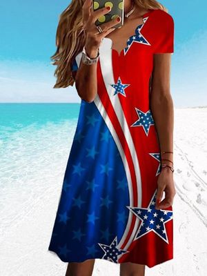 Flag Day Scallop V-Neck Floral Casual Knit Dress Flag Day Scallop V-Neck Floral Casual Knit Dress