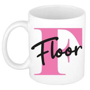 Naam mok Floor - roze - wit - keramiek - 300 ml - verjaardag/cadeau beker