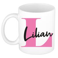 Naam mok Lilian - roze - wit - keramiek - 300 ml - verjaardag/cadeau beker