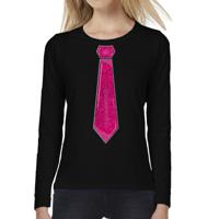 Verkleed shirt voor dames - stropdas roze - zwart - carnaval - foute party - longsleeve