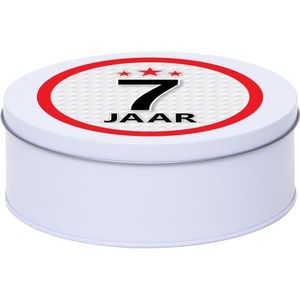 Cadeau/kado wit rond blik 7 jaar 18 cm