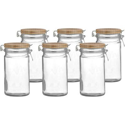 Voorraadpot/bewaarpot - 6x - 1L - glas - met beugelsluiting - bamboe deksel