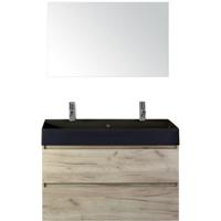 Maxx XL Badmeubelset 100 cm - Craft Oak - Wastafel Kube Zwart 2 Kraangaten met Spiegel