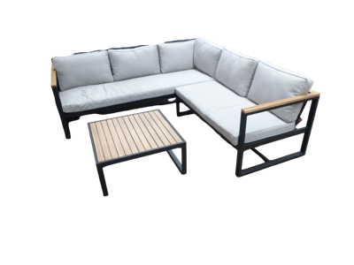 Auckland cornerset zwart/acacia light teak look incl. royal stone grey kussens - Eurofleur aanbieding