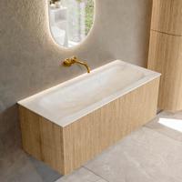Mondiaz KURVE-DLUX 110 cm Onderkast Greeploos 1 Lade Zonder Deuren Oak, Wastafel Solid Surface Volledig Ostra 0 Kraangaten Zonder Spiegel (KRVBGM1101L0D0KM-Oak/Ost)