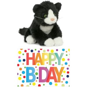 Cadeau setje pluche zwart/witte kat/poes knuffel 18 cm met Happy Birthday wenskaart   -